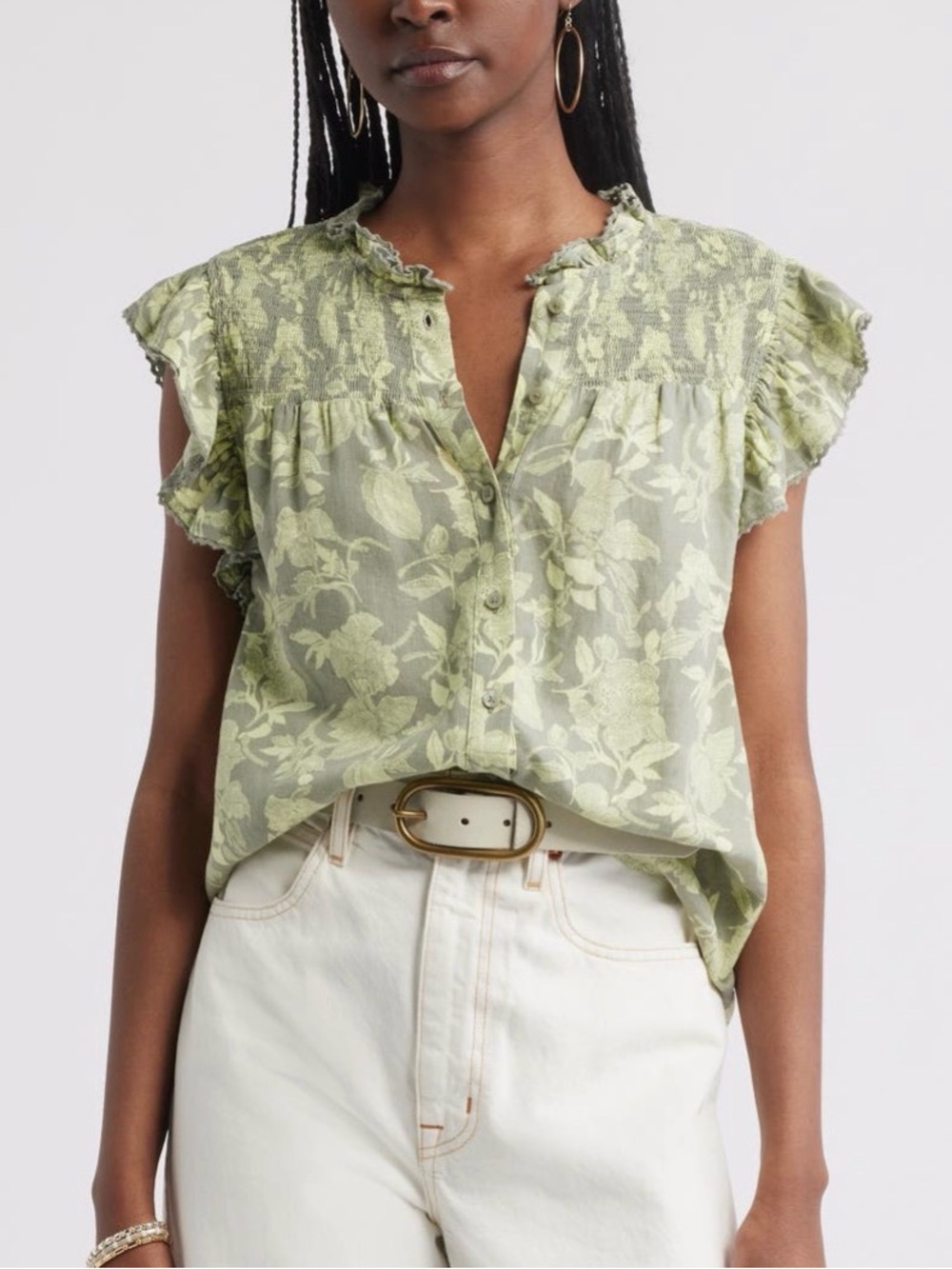 Treasure & Bond Smocked Yoke Linen Blend Floral Ruffle Sleeve Blouse